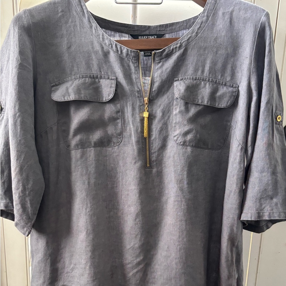 Ellen‎ Tracy L 100% linen Charcoal gold hardware zipper chest 44 in